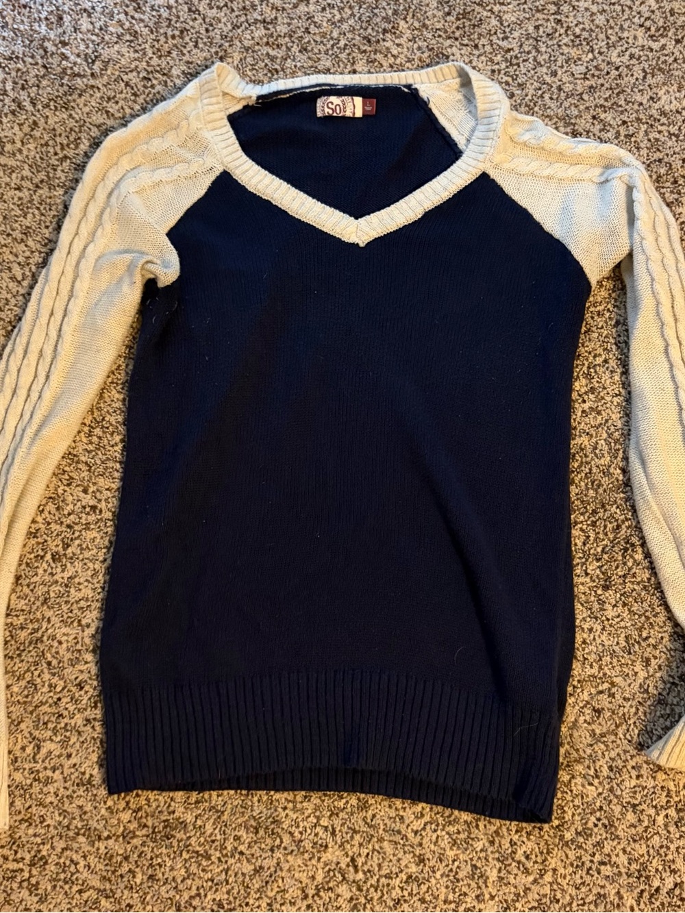 SO Women's Navy Body with Cream Raglan V-Neck Sweater